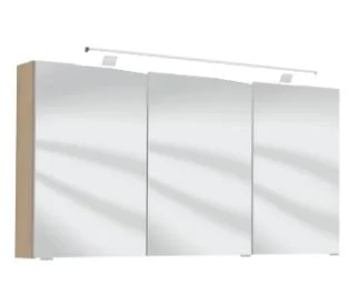 Spiegelschrank 120 cm S2A432S1, 1 LED-Aufbauleuchte, 3 Spiegeltüren auf Trägerplatte, 2 Mittelwände, 6 Glasfachböden, 1 Schalter-Steckdosenelement, ohne Facettenschliff, Energieeffizienzklasse: A, B/H/T: 120x64x15 cm