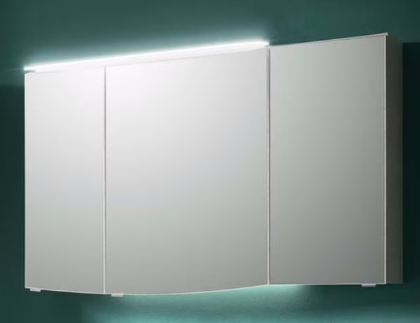 SEAE00112L Spiegelschrank mit 3 Drehtüren - einfach verspiegelt / 3 Drehtüren - einfach verspiegelt, 6 Glaseinlegeböden, Anschlag von links: R L L, optional mit Aufsatzleuchte und Waschplatzbeleuchtung erhältlich, 70 cm hoch / 120 cm breit / 17 cm tief