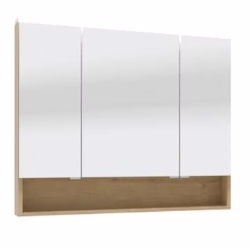 Spiegelschrank 90 cm S2A5590S3, 3 Doppelspiegeltüren, 2 Mittelwände, 6 Glasböden, 1 LED Flächenleuchte, 1 beleuchtetes Ablagefach (4,08 Watt) 1082 + 506 Lumen / (2700 -) 6500 Kelvin Fachrückwand optional farblich absetzbar 1 LED-Conver