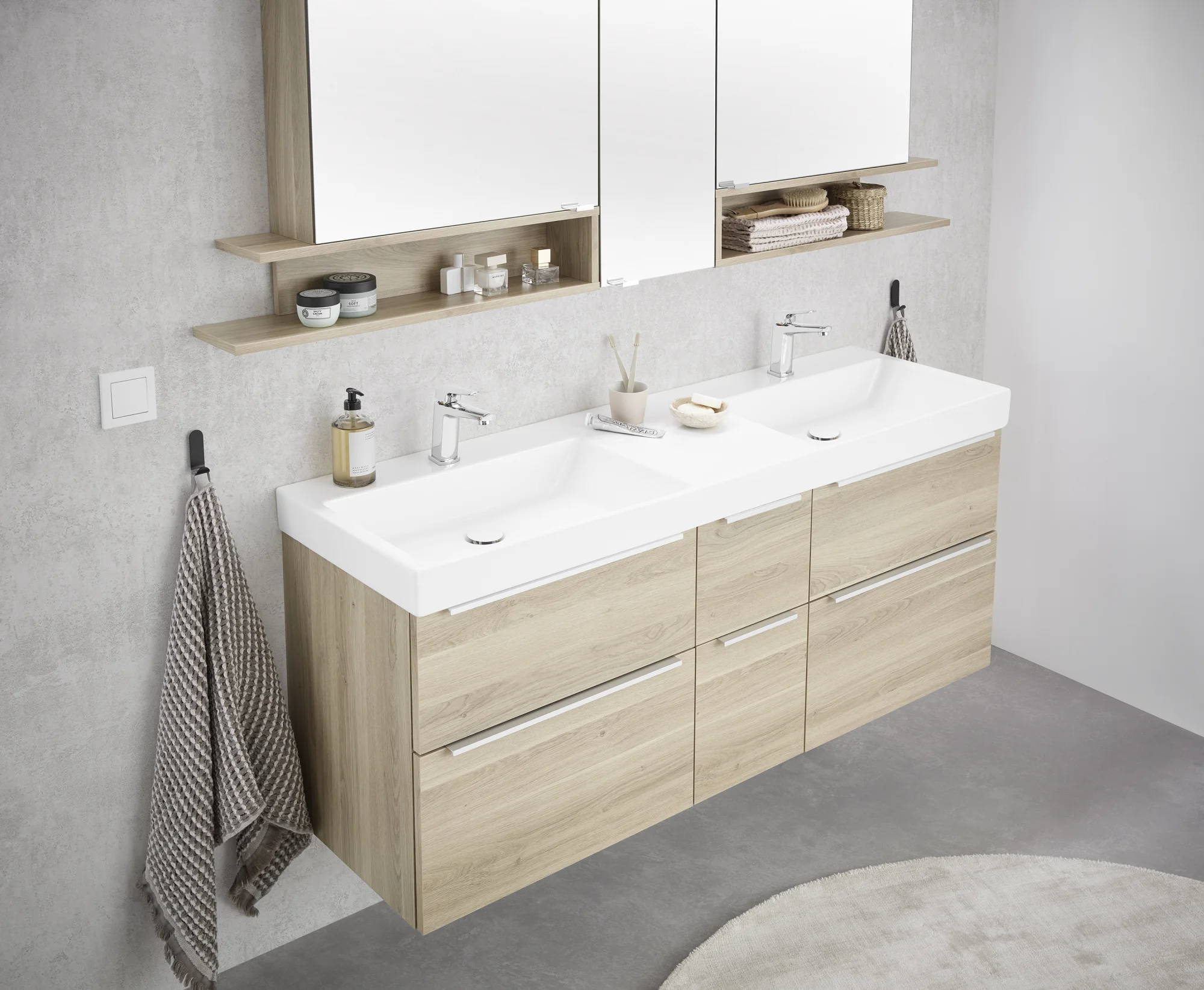 Puris c!mano Badmöbel Set - 152 cm Doppelwaschtisch & Spiegelschrank - Ansicht 3