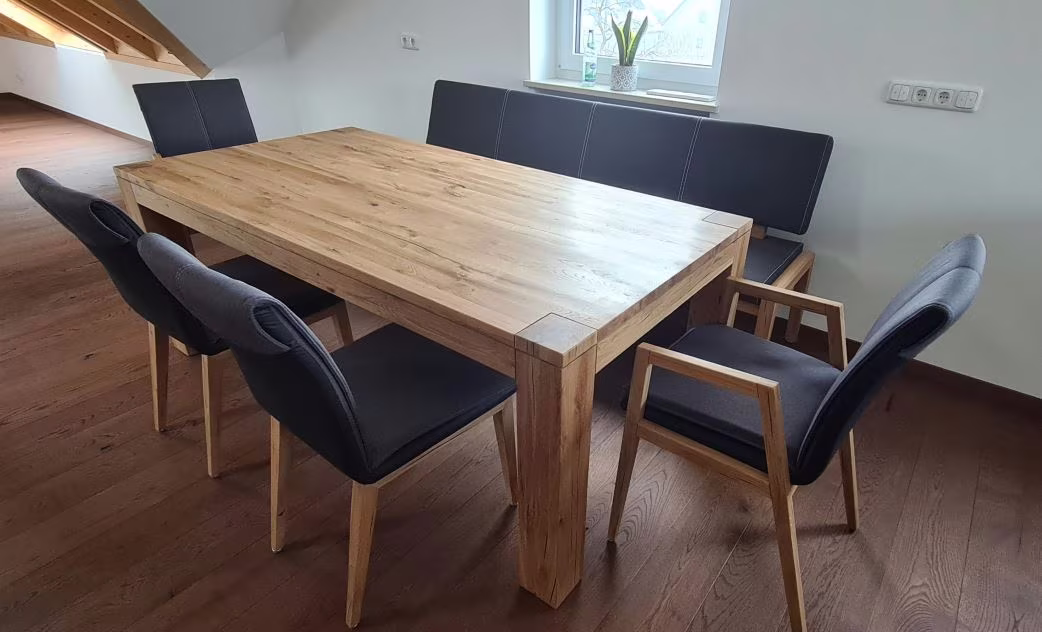Dudinger Esszimmergruppe - Wildeiche natur geölt mit Crushed Oak Optik und Auszug 100 cm - Ansicht 2