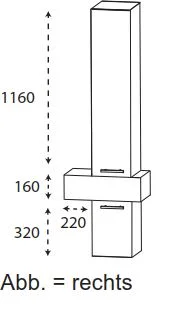 mit SET166001 L/R - Hochschrank mit 1 Türe, 3 Glasfachböden, 1 Metallschubkasten mit Dämpfung, 1 Metallauszug mit Dämpfung und Reling, 30x60x168 cm