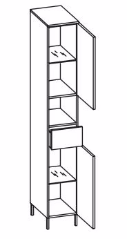 312.013029 Hochschrank / 2 Drehtüren / 1 Nische / 1 Schubkasten / 2 Einlegeböden / 4 Füße Chrom Glanz