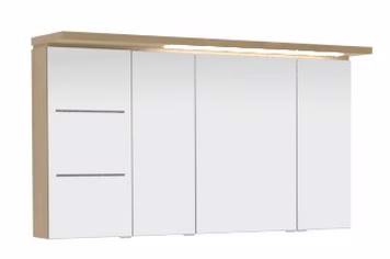 Spiegelschrank-Set 120 cm SET40122L, Spiegelschrank S2A 4390 1D: 3 Doppelspiegeltüren, 2 Mittelwände, 6 Glasfachböden, 1 Schalter-Steckdosen-Element Spiegelschrank S2A 433B 1D L: 1 Doppelspiegeltür, 2 sandgestrahlte LED-Lichtfenster, 2 beleuchtete Glasfac