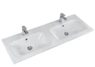 Mineralmarmor-Doppelwaschtisch weiss, mit Armaturbohrung und externem Überlauf, Becken rechts - 2x121x46 cm
