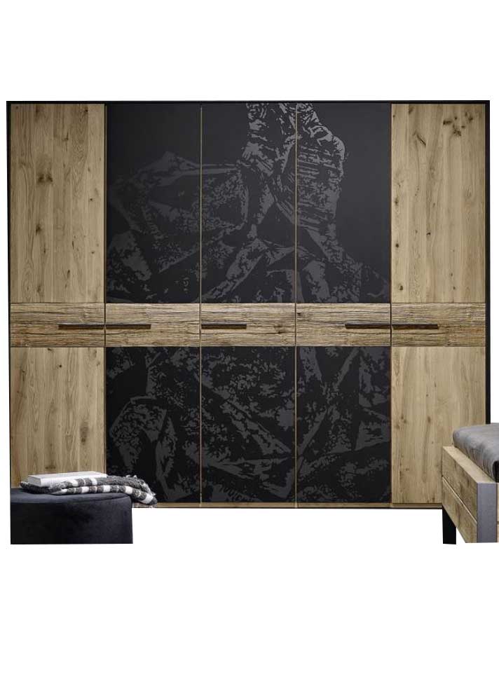 Thielemeyer Steel Drehtürenschrank / 5-türig mit 3 Colorglastüren und Kristallmotiv