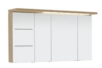 Spiegelschrank-Set 120 cm SET40122L, Spiegelschrank S2A 4390 1D: 3 Doppelspiegeltüren, 2 Mittelwände, 6 Glasfachböden, 1 Schalter-Steckdosen-Element Spiegelschrank S2A 433B 1D L: 1 Doppelspiegeltür, 2 sandgestrahlte LED-Lichtfenster, 2 beleuchtete Glasfac