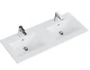 Keramik-Doppelwaschtisch weiss glanz, mit Armaturbohrung und integriertem Überlauf - 1,5x121x46,5 cm