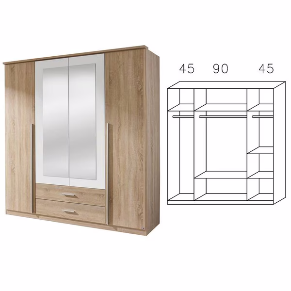 0922 Kombischrank, Breite 181 cm, 4-türig, 2 Schubladen, Spiegel