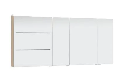 Spiegelschrank 140 cm SET40146L, bestehend aus Spiegelschrank (S2A 4390 1D) 3 Doppelspiegeltüren 2 Mittelwände, 6 Glasfachböden 1 Schalter-Steckdosen-Element bestehend aus Spiegelschrank (S2A 435B 1D L) 1 Doppelspiegeltür 2 sandgestrahlte LED-Lichtfenster