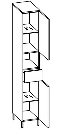 913.013029 Hochschrank / 2 Drehtüren / Nische / 1 Schubkasten / 2 Einlegeböden / 4 Füße Chrom Glanz