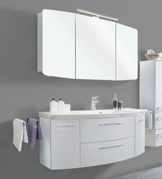 Calmo Badmöbelset 140 cm breit Weiß - Waschtisch, Waschtischunterschrank, Spiegelschrank