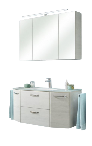 Pelipal Quickset - aus Möbel eleganter Badmöbel 112 mit cm | Set 936 weiß Kombination Eiche LED-Beleuchtung Spiegelschrank inklusive - in und Bügelgriffen! Universum Waschbeckenunterschrank Nachbildung Waschtisch