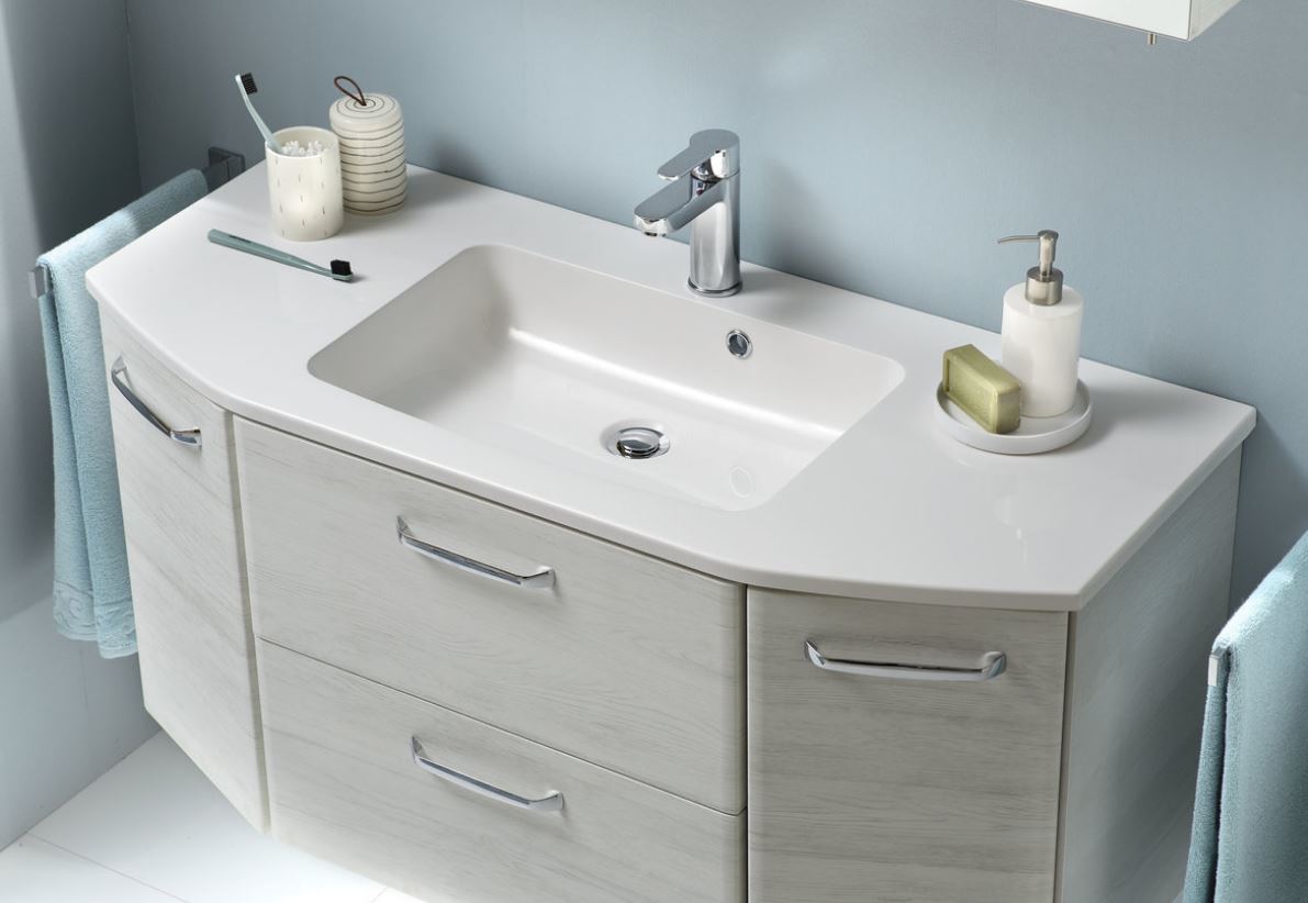 Pelipal Quickset | Waschtisch Möbel bestehend Waschbeckenunterschrank mit in aus - 936 Set eleganter und - 112 cm Universum Nachbildung Eiche Waschtischset Bügelgriffen! weiß